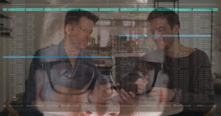 Leaning friends examining smartphone at coffee shop, with coffee mugs, VR headset, code overlay....