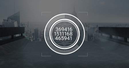 Displaying white circular HUD interface overlaying data rings on rooftop with skyline analysis. Futuristic, urban, technology, data, analytics, digital, minimalisticの写真素材