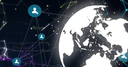 Displaying white stylized globe overlapping glowing mesh network, with teal node icons, copy space....