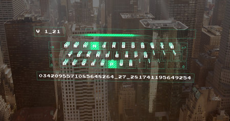 Floating green holographic keyboard with numeric code above downtown skyline, showing progress bar. Futuristic, technology, digital, interface, urban, high-rise, innovationの写真素材