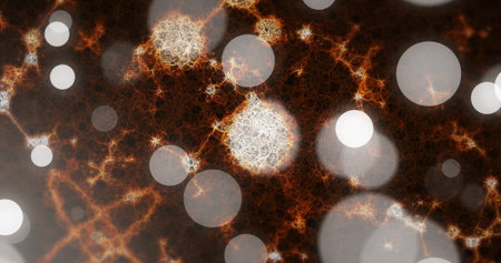 Radiating fractal cluster pulsing in display, with orange filaments and bokeh sparks. Abstract,...