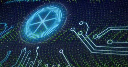 Glowing circular HUD element rotating on grid in digital space, with binary code and circuit traces....