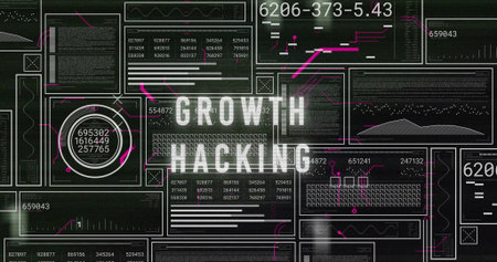Displaying bold GROWTH HACKING text over dark dashboard, with panels, gauge and magenta lines....