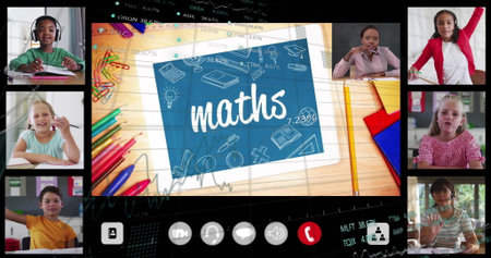 Displaying tablet showing maths presenting lesson in virtual class, with pencils interface icons....