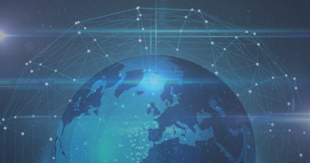Rendering Earth globe in space, with semi-transparent network lines, glowing nodes and light flares....