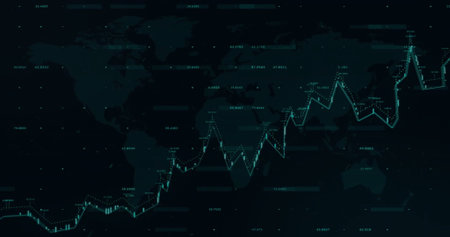 Displaying turquoise line graph tracking global data trends on dashboard, with glowing data points....