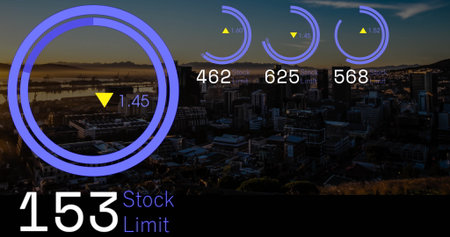 Displaying purple ring chart with 1.45 at coastal harbor dusk, with stock limit, copy space....