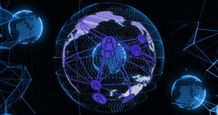 Rotating digital globe forming network links in cyberspace, with user icons and satellite spheres. Futuristic, connectivity, cyberspace, technology, innovation, network, abstractの写真素材
