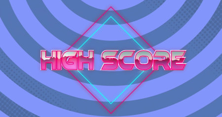 Featuring neon-pink HIGH SCORE glowing over arcade screen, with hot-pink and cyan diamond outlines. Neon, glow, futuristic, digital, vibrant, abstract, retroの写真素材