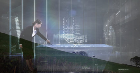 Gesturing businesswoman in blazer interacting with 3D model on digital table in office, copy space. Futuristic, technology, innovation, professional, modern, architecture, designの写真素材