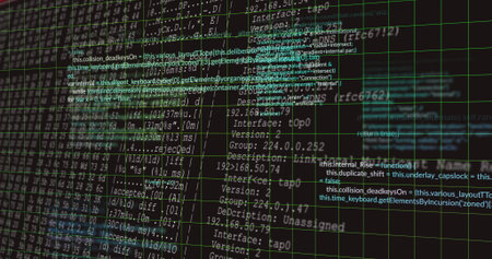 Displaying centered programming and network interface code block on screen, with green grid overlay....