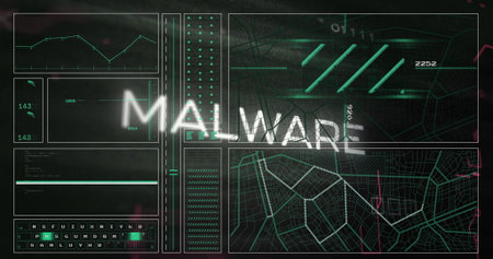 Displaying glitchy MALWARE text on digital security dashboard, with line chart and network map....
