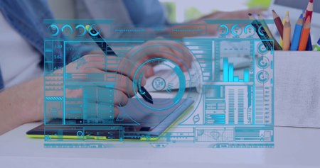 Animation of digital profile picture, graphs, padlock, shield over buildings against cloudy skyの写真素材