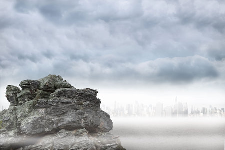 Flat illustration showing rock formation emerging from left, overlooking misty water and skyline. Landscape, serenity, moody, minimalism, natural, atmospheric, tranquilの写真素材