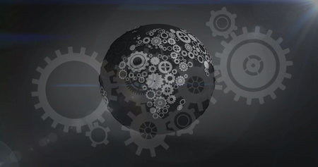 Rotating metallic gear globe pulsing in dark digital space, with gear silhouettes, lens flares. Mechanical, innovation, futurism, cyber, industrial, precision, digitalの写真素材