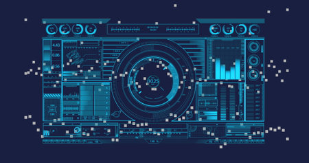 Showing futuristic dashboard monitoring data in digital UI, with circular meter and bar chart. Technology, innovation, data visualization, interface, analytics, dashboard, digitalの写真素材