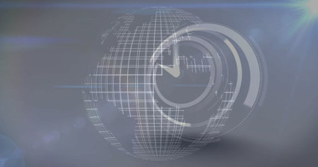 Floating translucent wireframe globe overlaid by clock face in digital backdrop with lens flares....