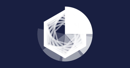 Displaying spiraling segments in white hexagon on navy field with gray circle and quarter circle....