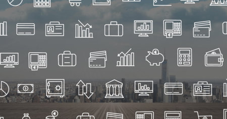 White line finance icons hovering on rooftop terrace, with credit card piggy bank safe icon. Business, investment, financial, modern, technology, urban, professionalの写真素材