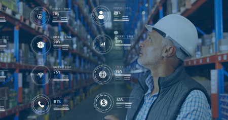 Inspecting warehouse inventory man wearing helmet, vest in aisle with digital overlays, copy space....