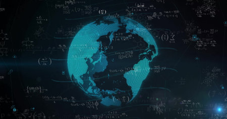 Showing holographic Earth globe floating in data system, with math, chemical and circuit diagrams....
