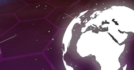 Spinning white globe showing continents in purple tech background, with grid, particles and streaks. Futuristic, technology, abstract, digital, global, innovation, networkの写真素材