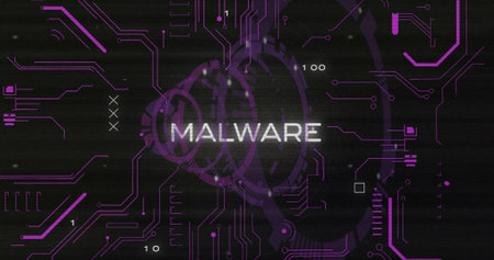 Displaying white MALWARE text flashing on cyber screen, with purple circuitry, rings, binary digits. Cybersecurity, digital, technology, alert, futuristic, network, dataの写真素材