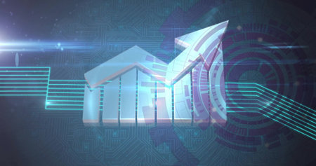Displaying 3D metallic bar chart climbing amid neon-blue circuit lines, with upward arrow....