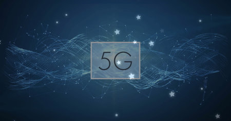 Displaying 5G text inside frame floating in virtual space, showing waveforms with star nodes. Technology, connectivity, innovation, digital, futurism, network, communicationの写真素材