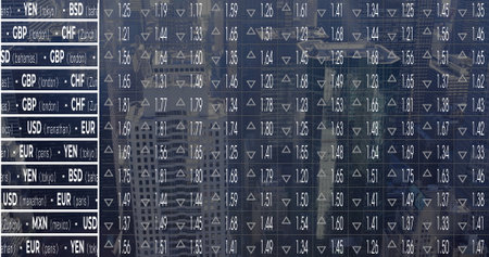 Displaying digital currency exchange rate board updating rates on trading floor, with arrow icons. Monitor, interface, modern, technology, finance, data, analyticsの写真素材