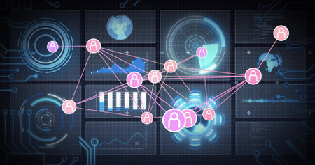 Displaying networked user silhouettes connecting across dashboard, with data charts, globe map, HUD....