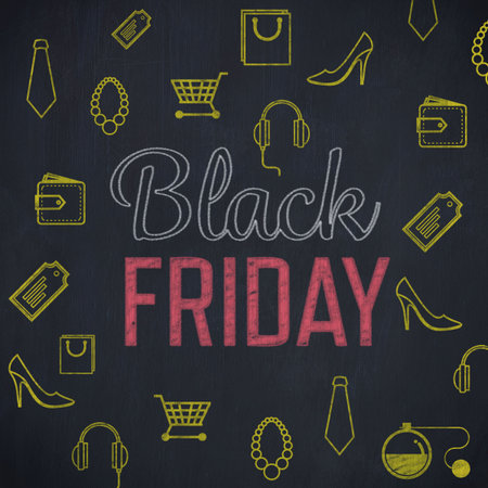 Black Friday with Christmas icons on blackboardの写真素材