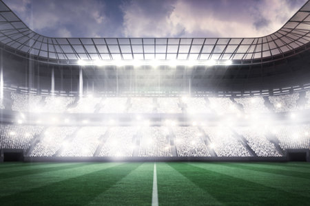 Green striped grass pitch with white center line is glowing in flat design arena with floodlights. Stadium, arena, sports, illumination, architecture, outdoor, competitionの写真素材