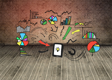 Graphic over dark room with floorboardsの写真素材