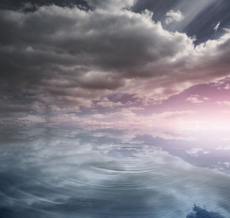 Digitally generated water reflecting stormy sky