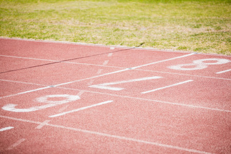 High angle view of starting line on sunny dayの写真素材