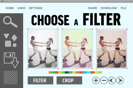 Filter selection interface is showing inline skating couple thumbnails on pale blue flat design. Digital interface, user experience, modern design, leisure activity, outdoor scenery, vibrant colors, lifestyleの写真素材