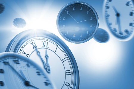 Digitally generated image of wall clocks against white background