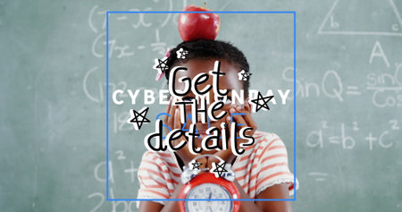 Balancing apple on head, girl holding smartphone at classroom chalkboard equations, with red clock....