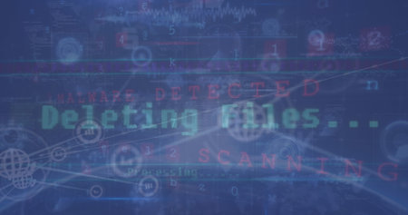 Showing deleting files on virtual interface, with red malware warnings, globe icons, scanning lines....