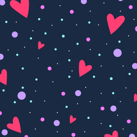 Image of hearts and spots over black background. Colour, pattern and communication concept digitally generated image.の写真素材
