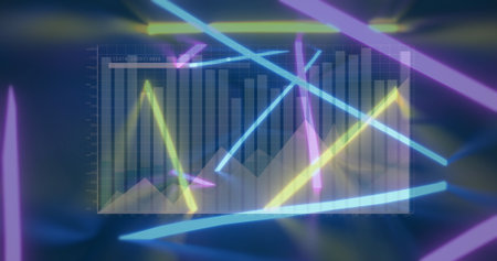 Floating holographic data panel displaying bar and line charts on virtual stage, with neon beams....