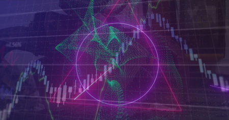 Neon pink circle showing rising line in financial dashboard, with candlestick bars and green mesh. Futuristic, digital, holographic, data visualization, technology, analytics, investmentの写真素材