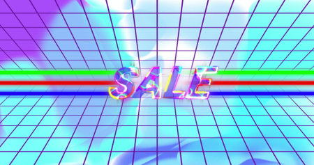 Floating 3D SALE text glowing in neon-themed room, with grid-patterned surfaces and neon stripes. Neon, futuristic, reflections, vibrant, electronic, digital, immersiveの写真素材
