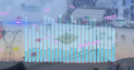 Displaying digital bar chart overlay spanning highway, with steel tower, wind turbines, vehicles....