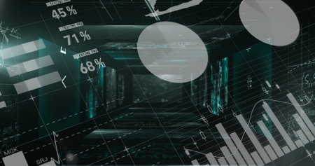 Running digital analytics interface in futuristic data tunnel simulation, with floating data panels....