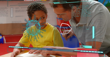 Guiding tutor and student reading open book at desk in classroom, showing holographic virus model....