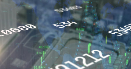 Displaying overlays at office desk, with digital numeric tickers, candlestick bars and grid overlay....