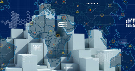 Stacking light gray cuboid blocks on dark blue grid, with world map and network icons. Technology,...