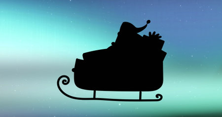 Gliding Santa silhouette wearing Santa hat in sleigh across aurora-lit sky, with wrapped gifts. Festive, holiday, winter, magic, nighttime, celebration, illuminationの写真素材